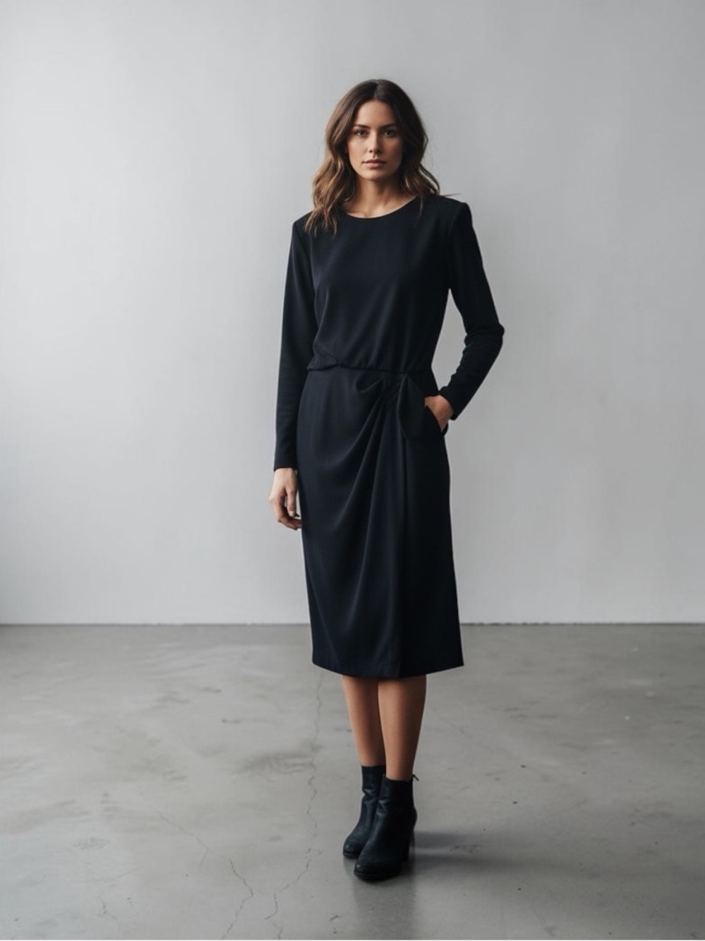 Chaus Black Long-Sleeve Tie-Waist Midi Dress with Blouson Bodice